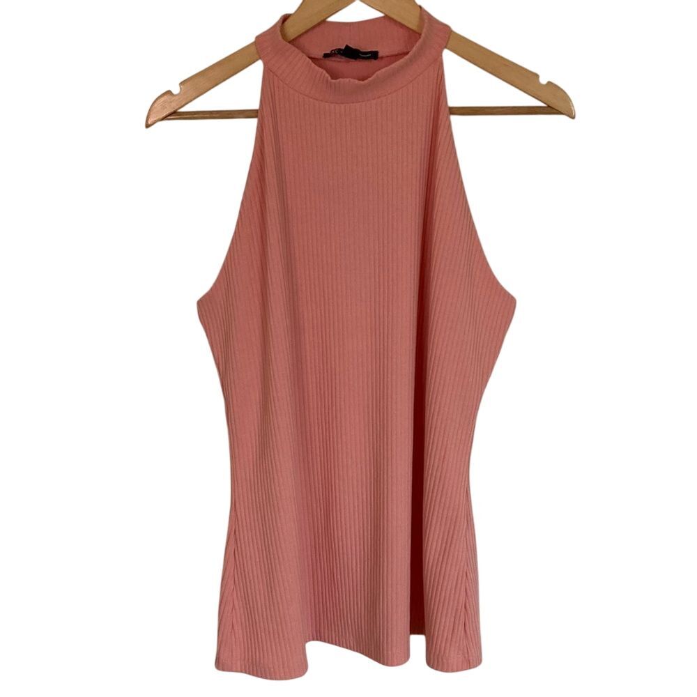 INC Women's High Neck Sleeveless Top‎ Size XL Pink Ribbed